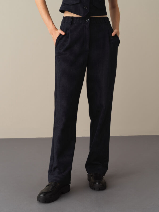 Lacivert Pamuk Dokulu Oversize Çizgili Pantolon - Xint