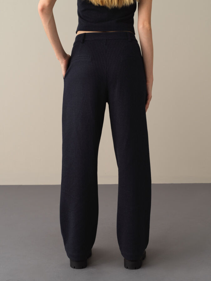 Lacivert Pamuk Dokulu Oversize Çizgili Pantolon - Xint