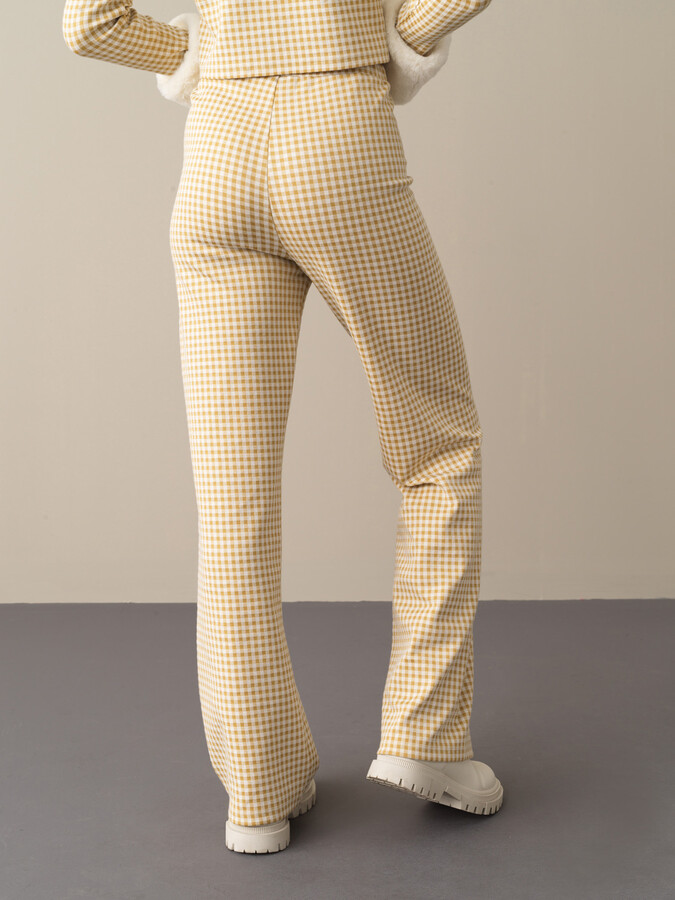 Sarı Pamuk Dokulu Regular Fit Modern Ekose Pantolon - Xint