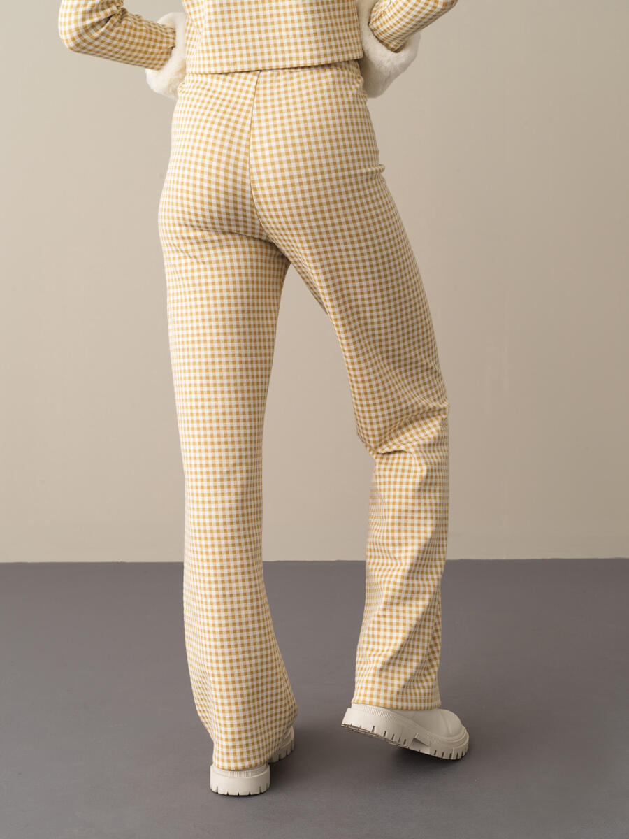 Sarı Pamuk Dokulu Regular Fit Modern Ekose Pantolon - 4