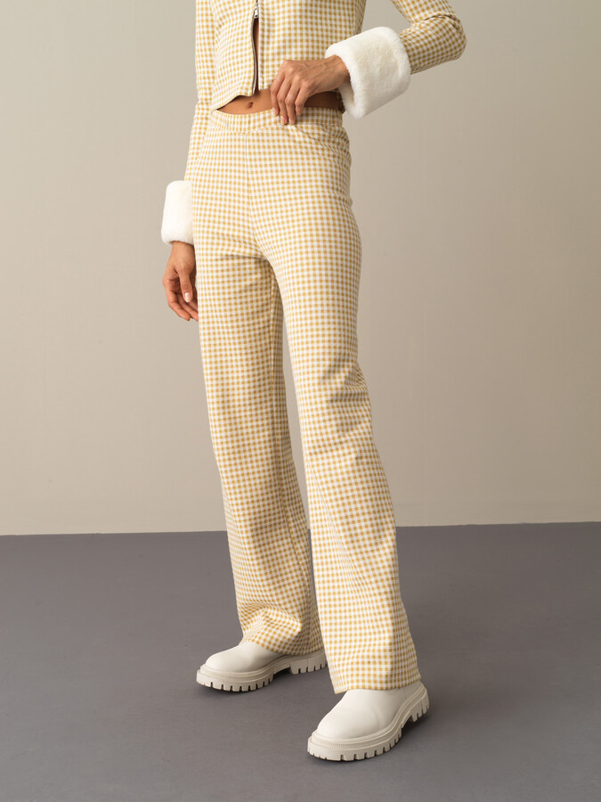 Sarı Pamuk Dokulu Regular Fit Modern Ekose Pantolon - Xint