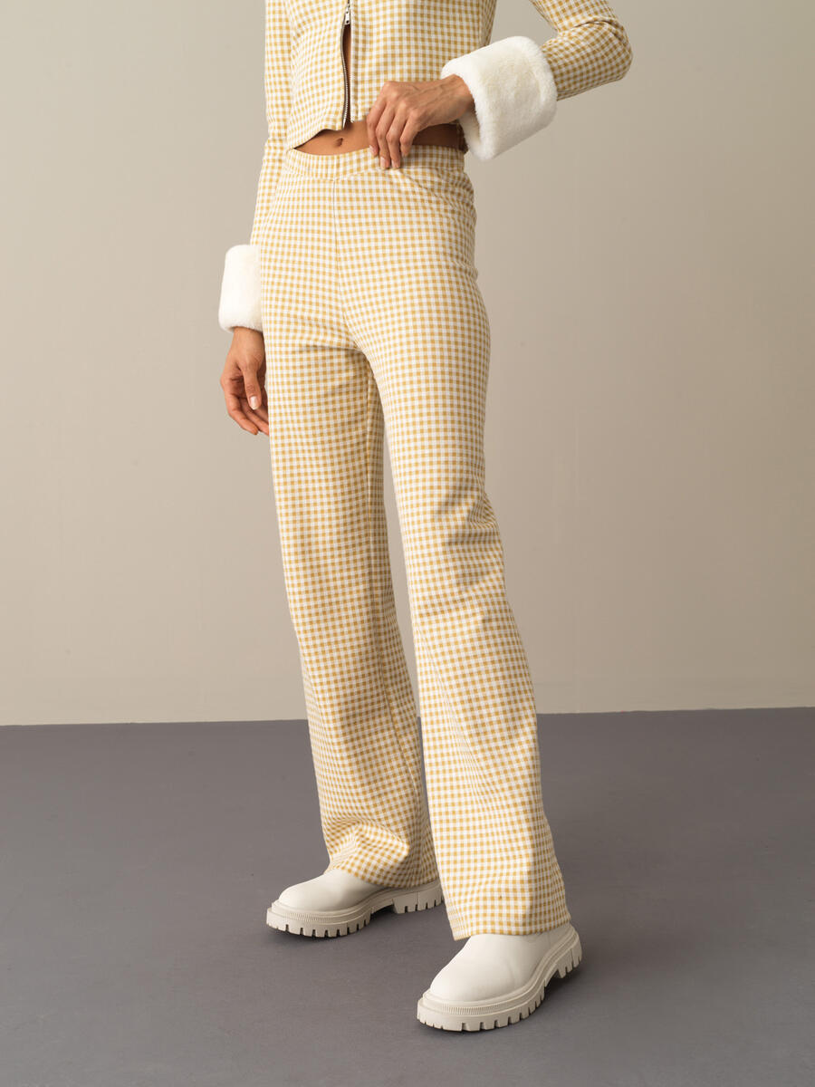 Sarı Pamuk Dokulu Regular Fit Modern Ekose Pantolon 