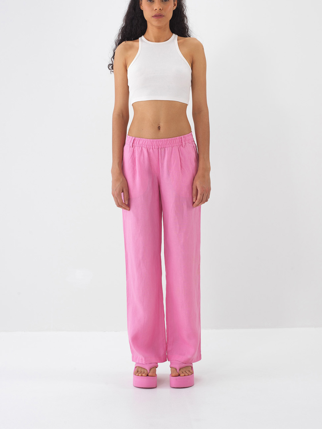 Pembe %100 Keten Regular Fit Pantolon
