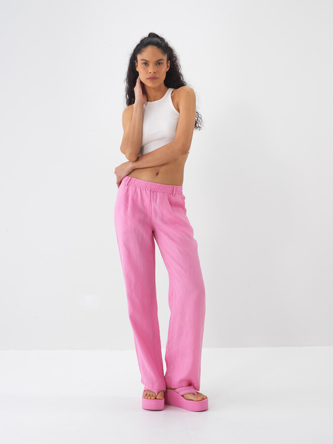 Pembe %100 Keten Regular Fit Pantolon - 1