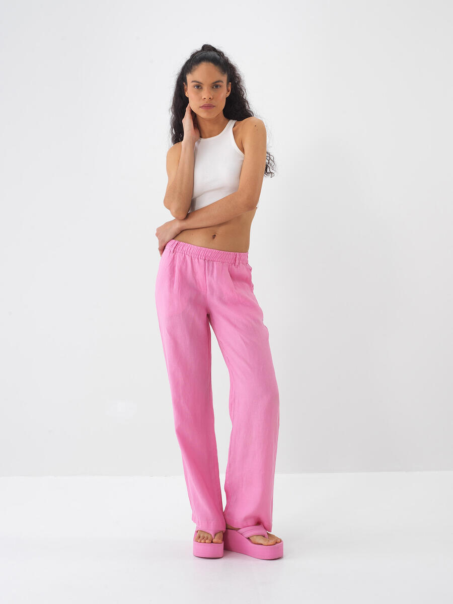 Pembe %100 Keten Regular Fit Pantolon - 1