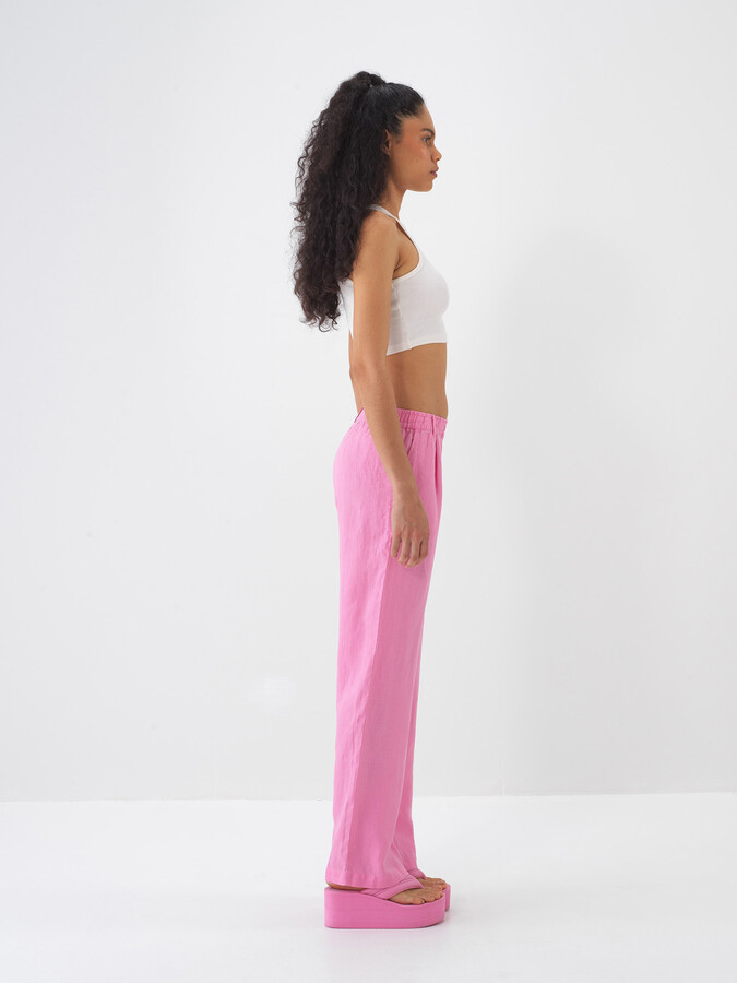 Pembe %100 Keten Regular Fit Pantolon - 4