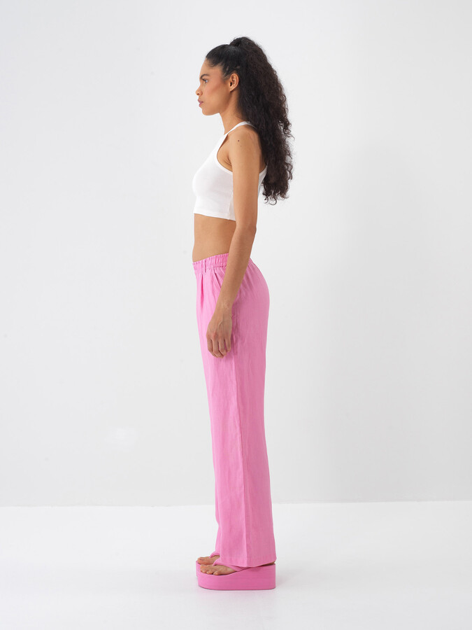 Pembe %100 Keten Regular Fit Pantolon - 5
