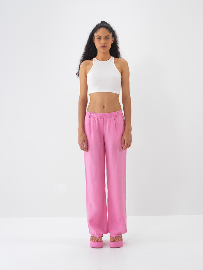 Pembe %100 Keten Regular Fit Pantolon - 3
