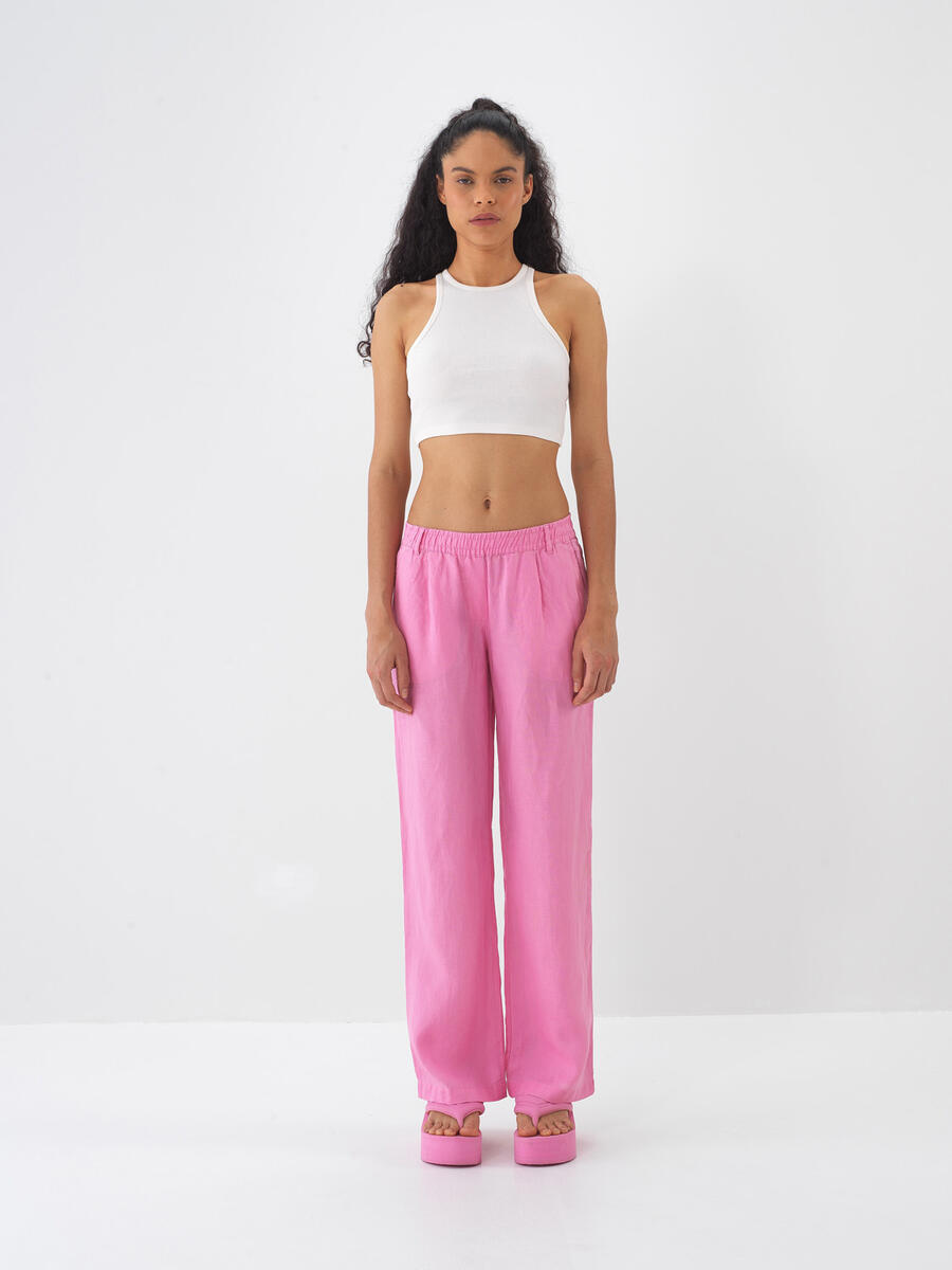 Pembe %100 Keten Regular Fit Pantolon - 3