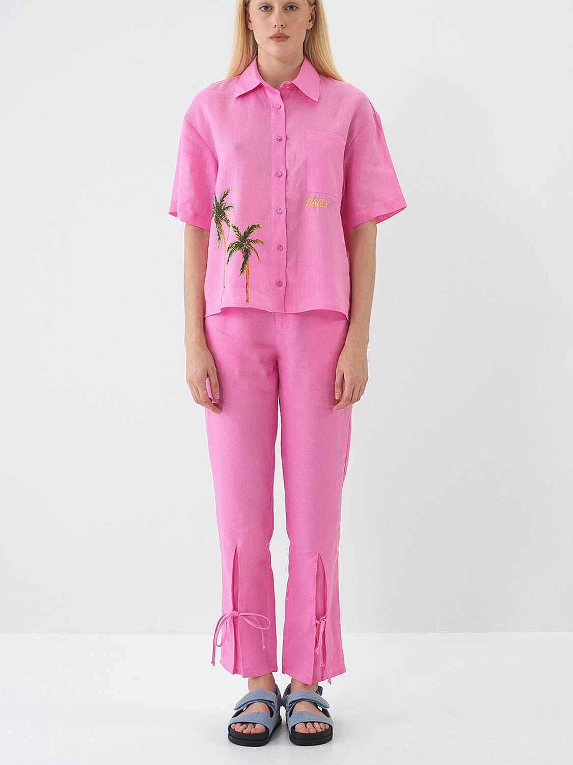 Pembe %100 Keten Regular Fit Pantolon - 1