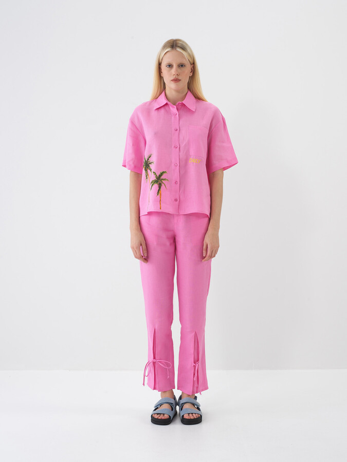 Pembe %100 Keten Regular Fit Pantolon - 2