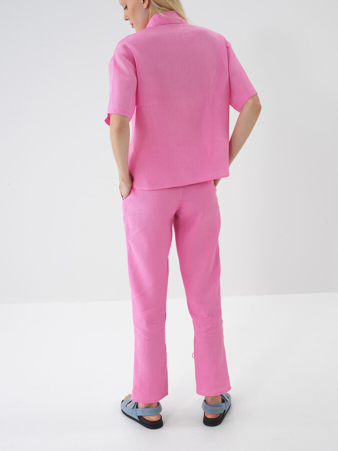 Pembe %100 Keten Regular Fit Pantolon - 5