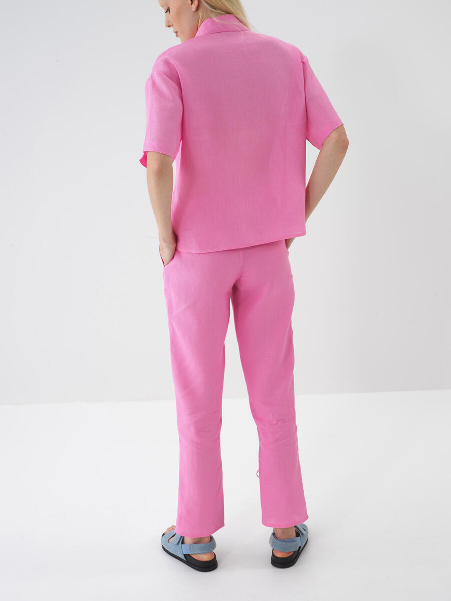 Pembe %100 Keten Regular Fit Pantolon - 5