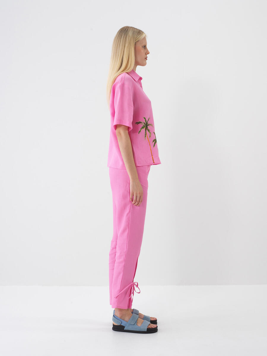 Pembe %100 Keten Regular Fit Pantolon - 3