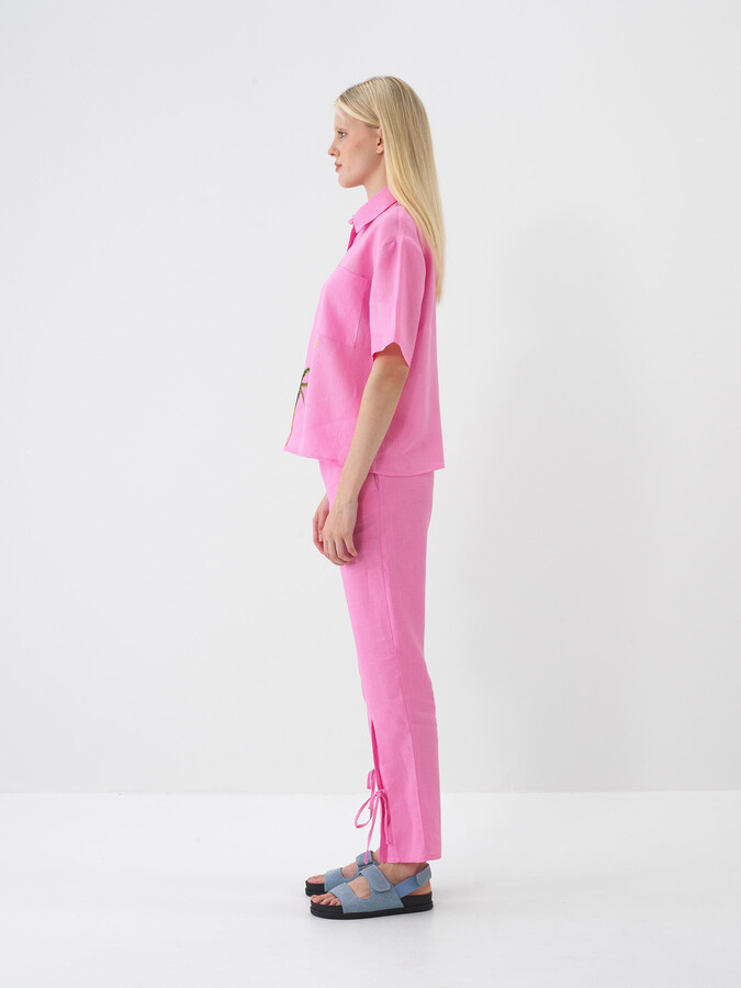 Pembe %100 Keten Regular Fit Pantolon - 4