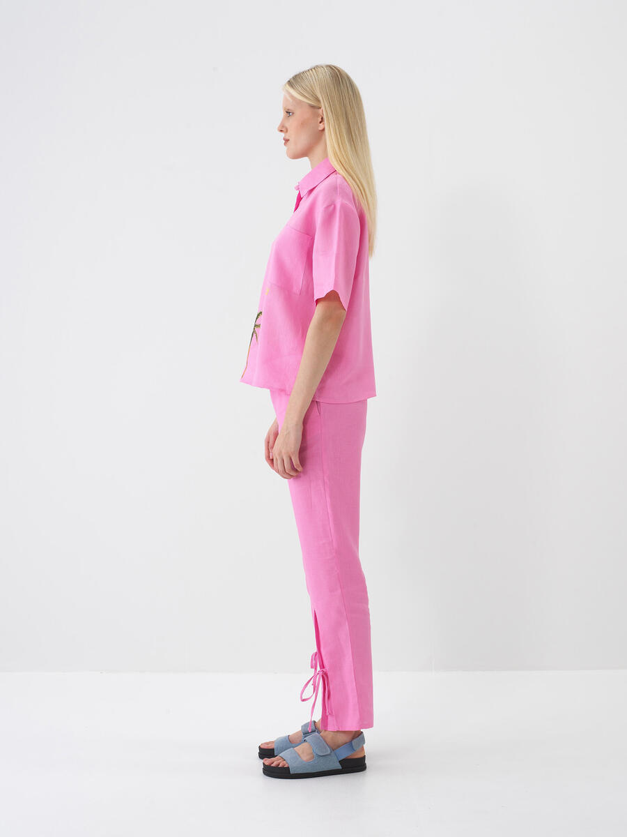 Pembe %100 Keten Regular Fit Pantolon - 4