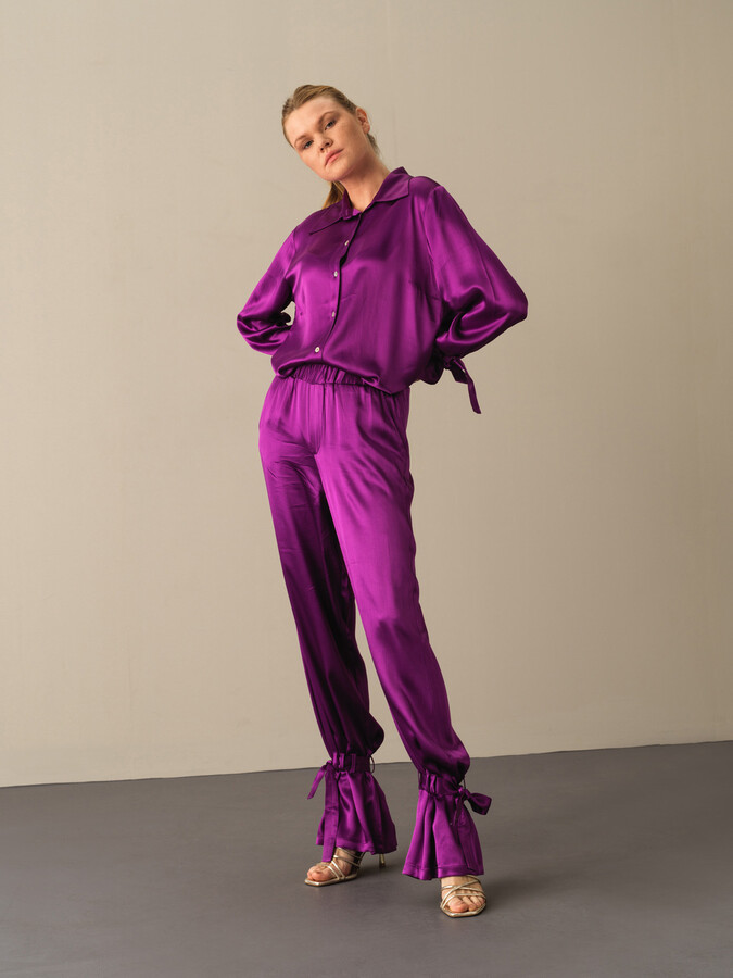 Mor Pamuk Dokulu Regular Fit İpeksi Saten Pantolon - Xint