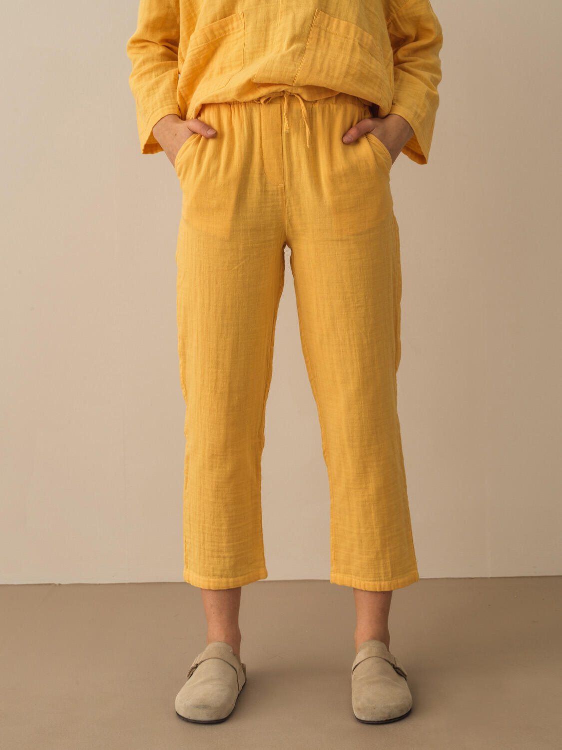 Sarı Pamuk Dokulu Oversize Pantolon