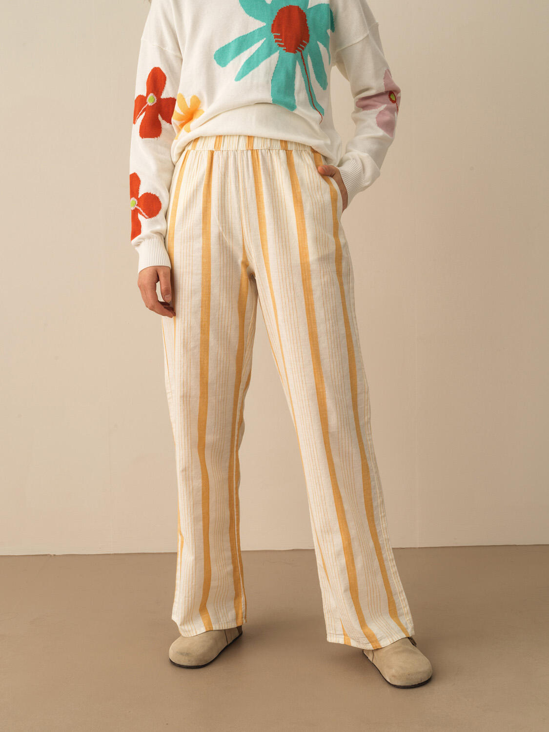 Sarı Keten Karışımlı Regular Fit Pantolon