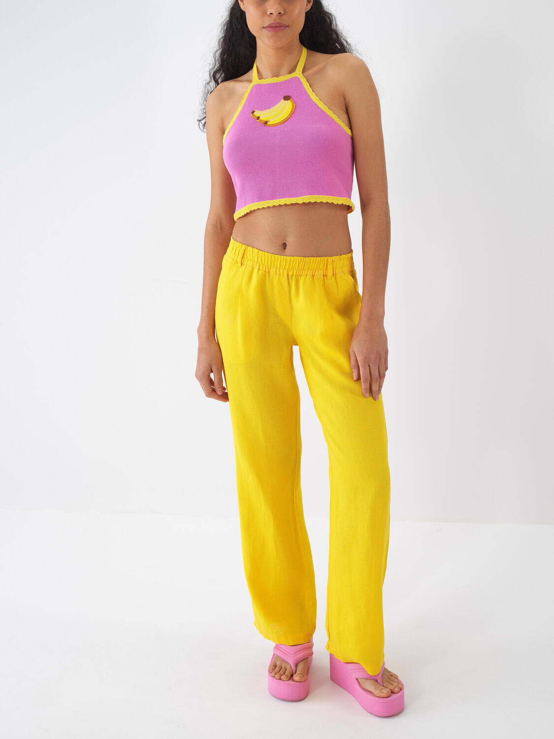 Sarı %100 Keten Regular Fit Pantolon