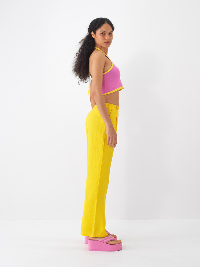 Sarı %100 Keten Regular Fit Pantolon - 3