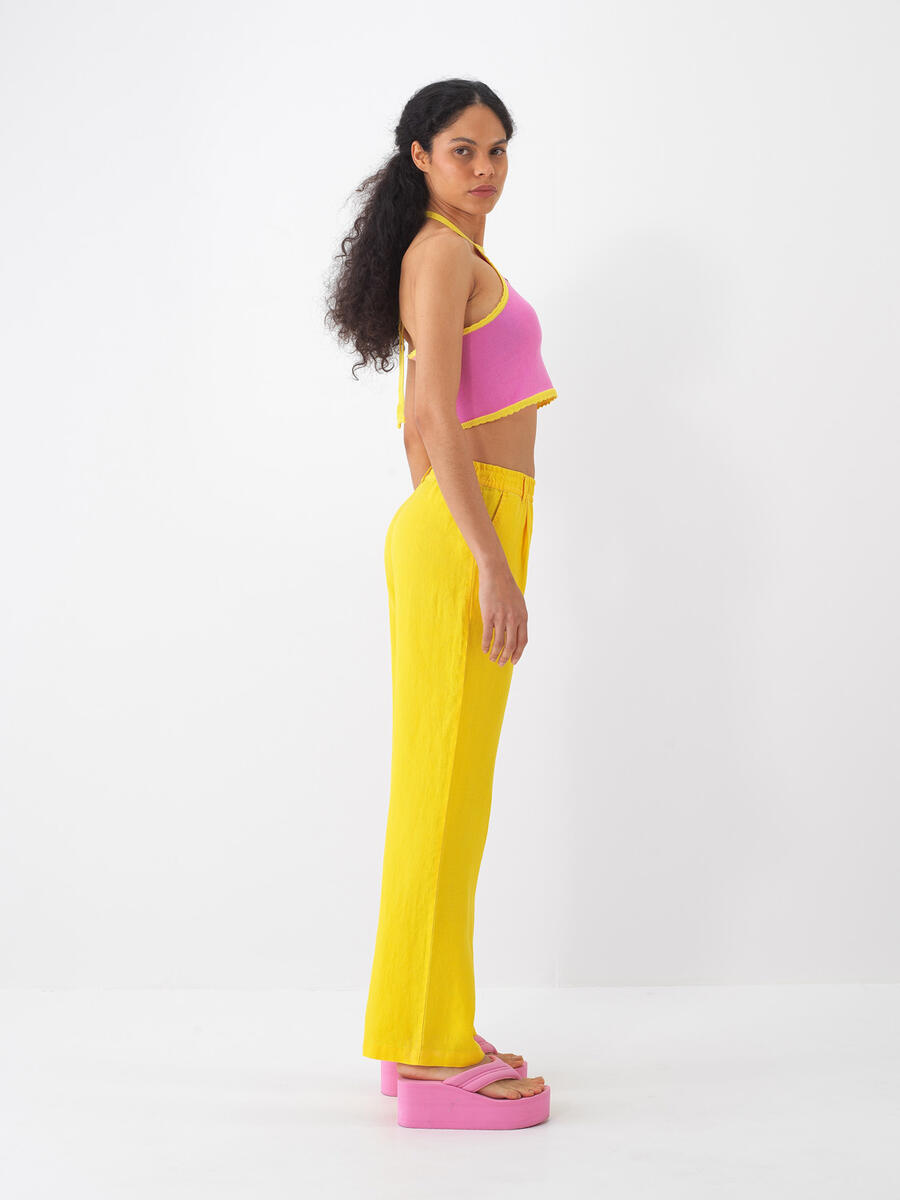 Sarı %100 Keten Regular Fit Pantolon - 3