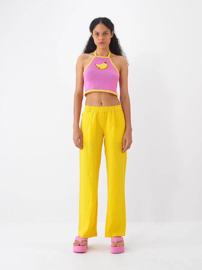 Sarı %100 Keten Regular Fit Pantolon - 1
