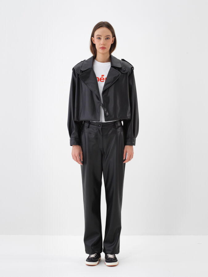 Siyah Deri Görünümlü Regular Fit Pantolon - Xint