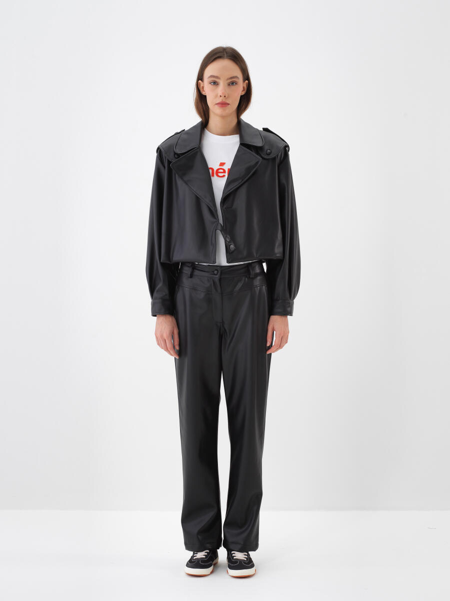 Siyah Deri Görünümlü Regular Fit Pantolon - 2