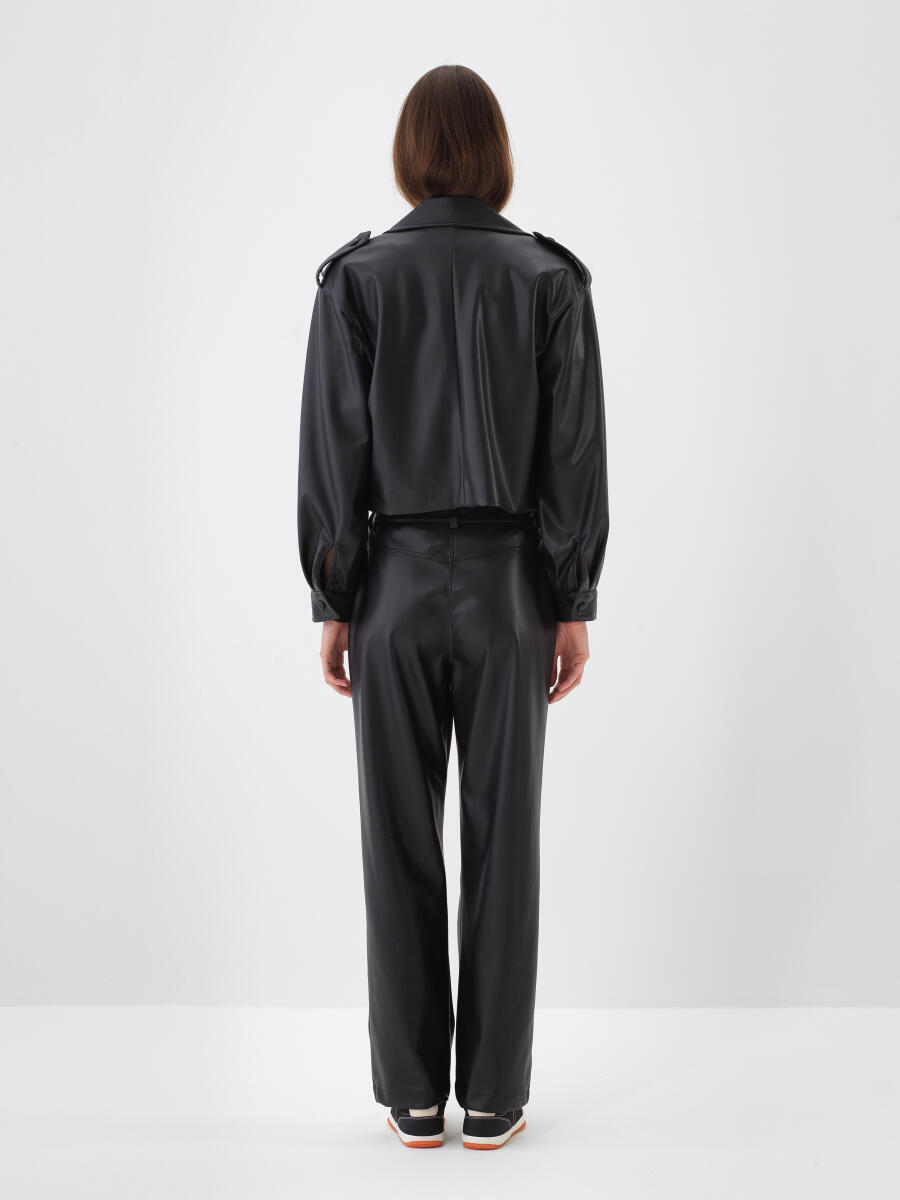 Siyah Deri Görünümlü Regular Fit Pantolon - 4