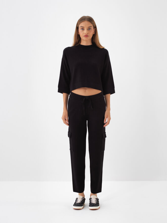 Siyah Doğal Yün Dokulu Regular Fit Pantolon - Xint