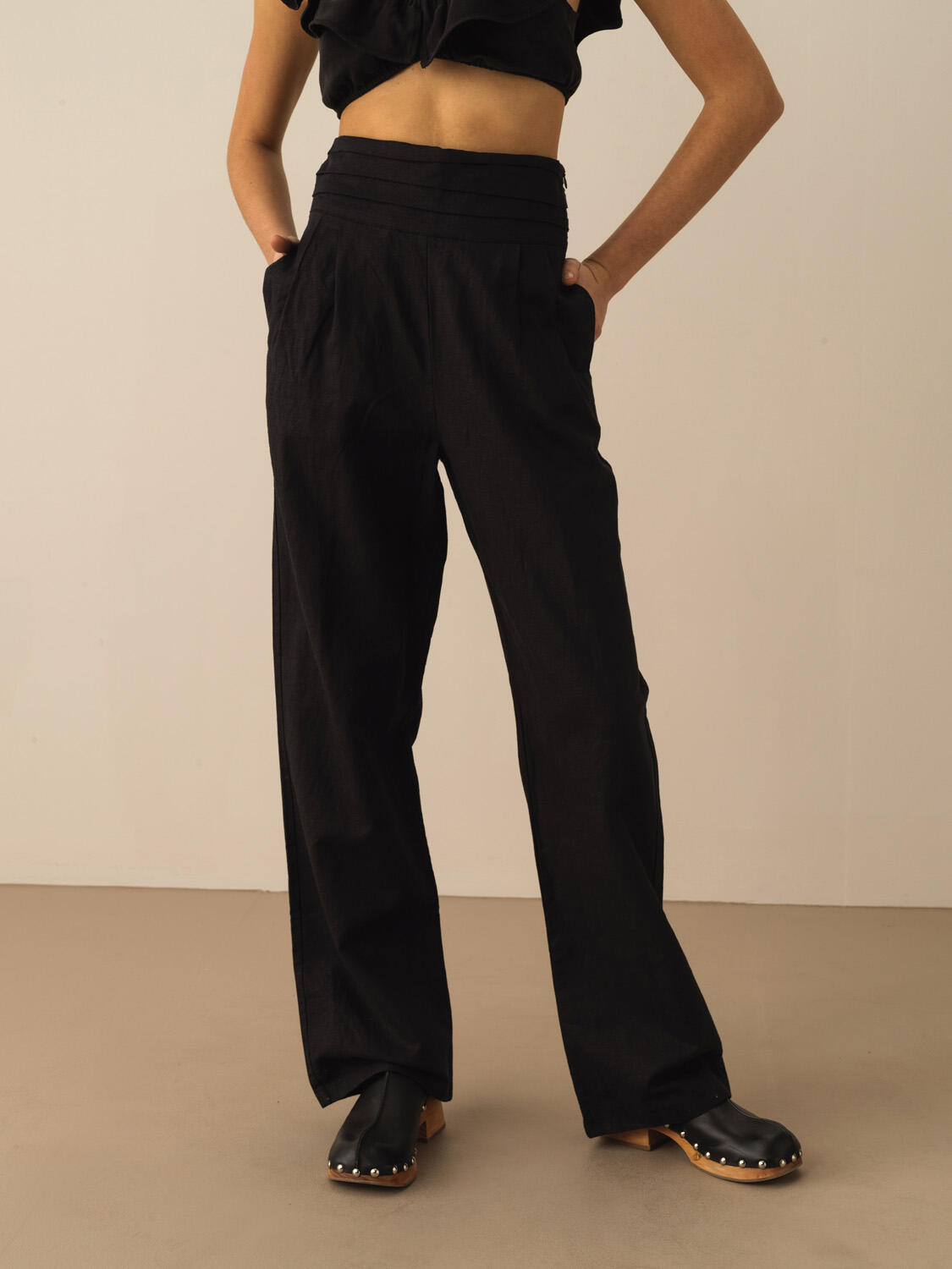 Siyah %100 Keten Oversize Pantolon
