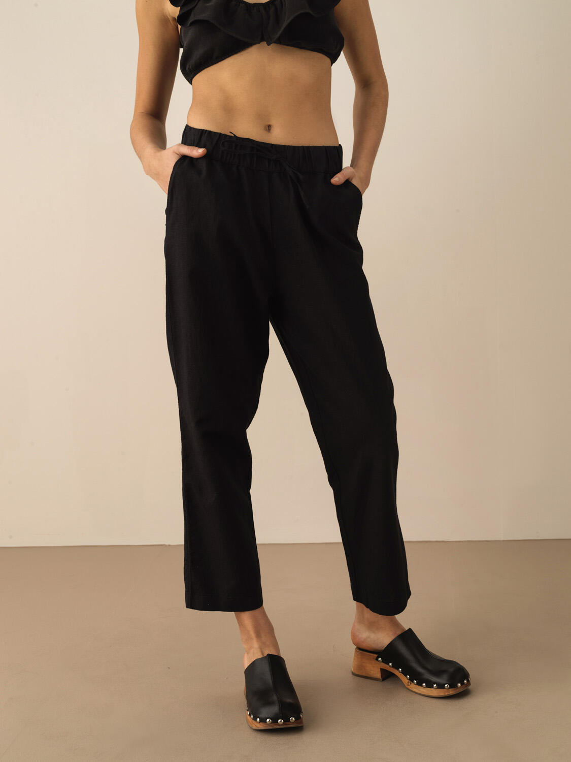 Siyah %100 Keten Regular Fit Pantolon