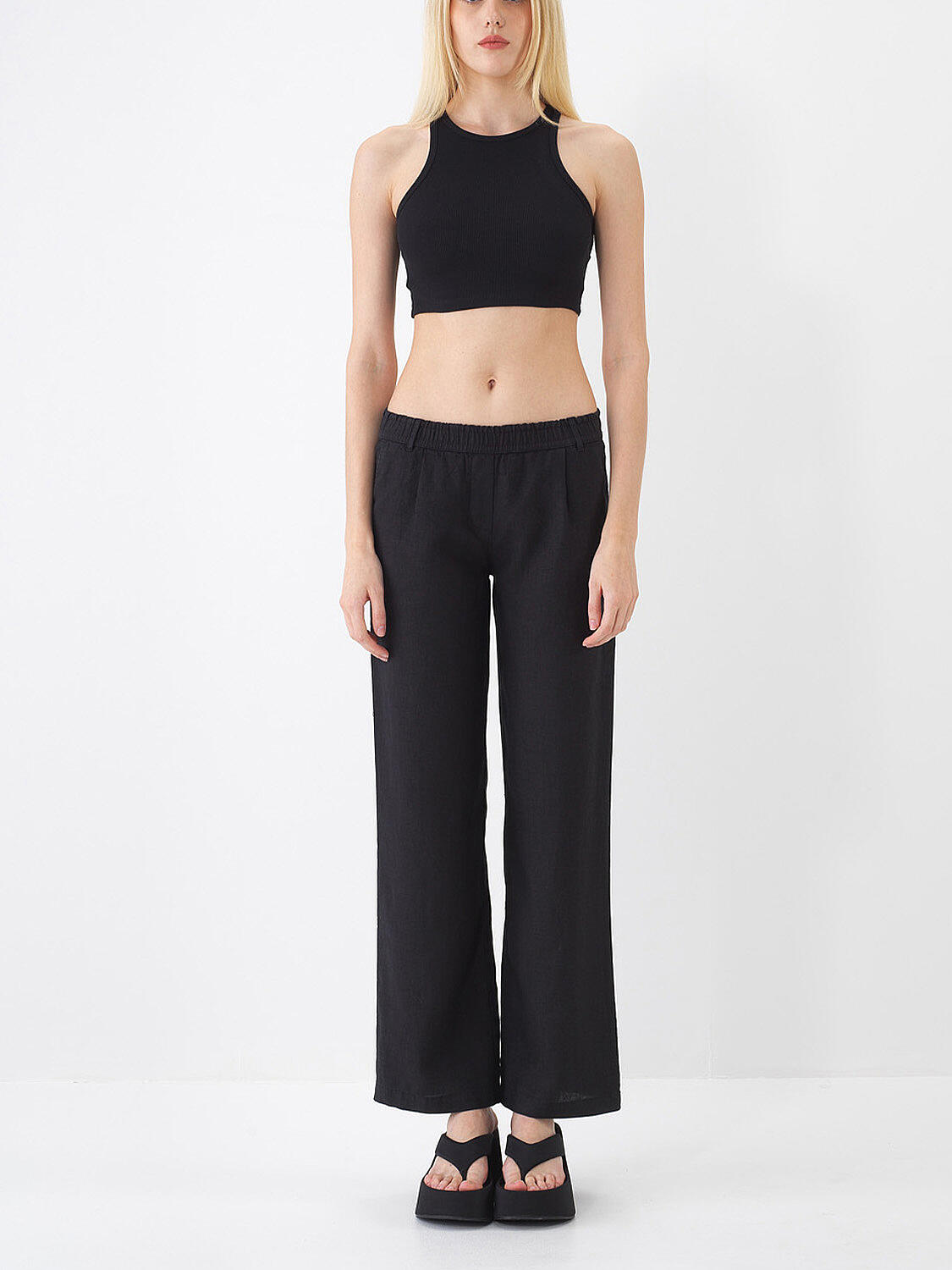 Siyah %100 Keten Regular Fit Pantolon - 2