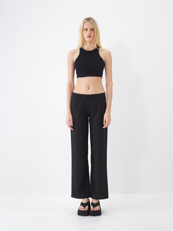 Siyah %100 Keten Regular Fit Pantolon - 1