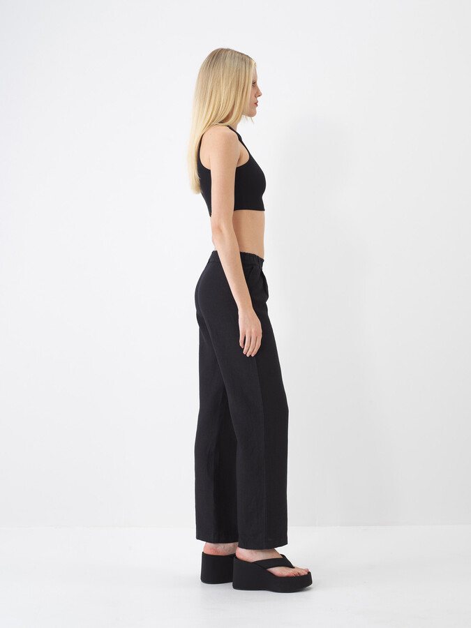 Siyah %100 Keten Regular Fit Pantolon - 4