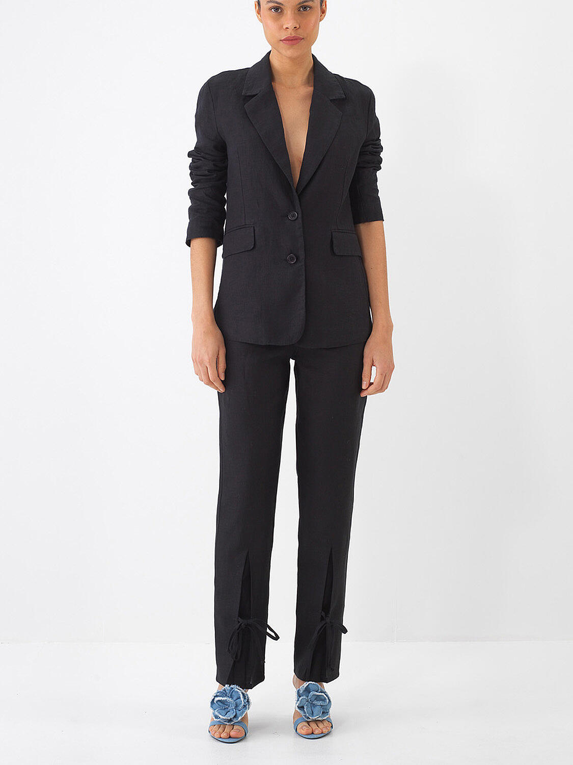 Siyah %100 Keten Regular Fit Pantolon - 1