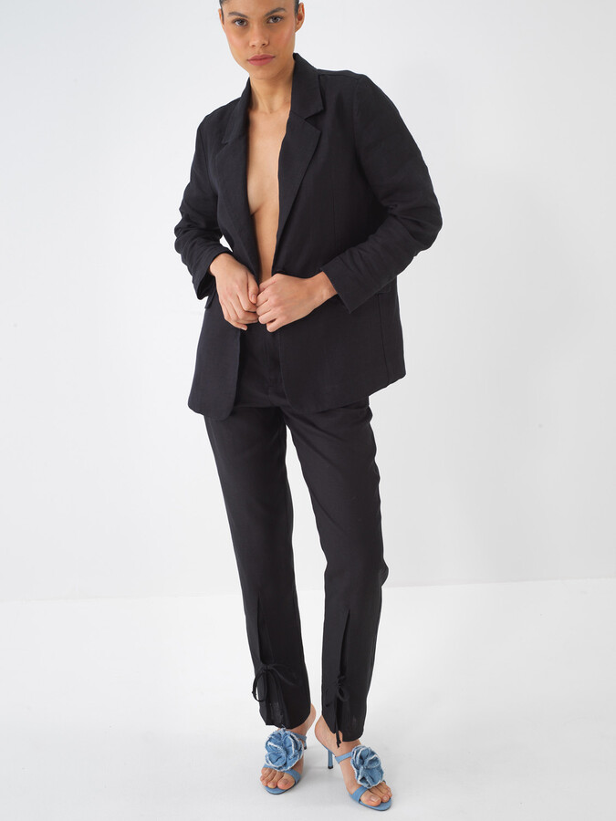 Siyah %100 Keten Regular Fit Pantolon - 4