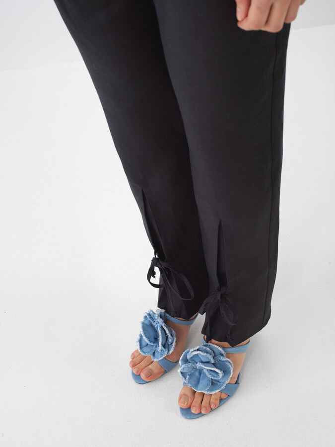 Siyah %100 Keten Regular Fit Pantolon - 5