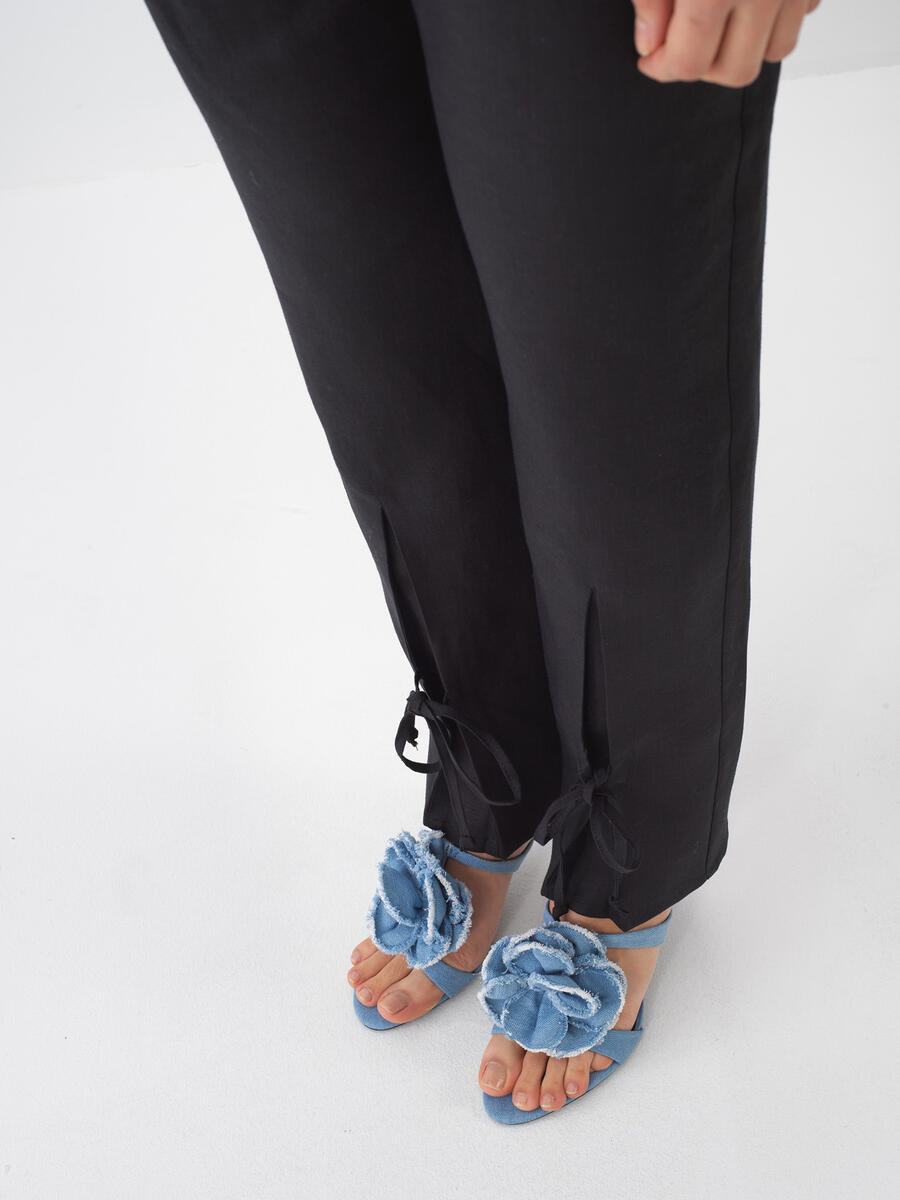 Siyah %100 Keten Regular Fit Pantolon - 5