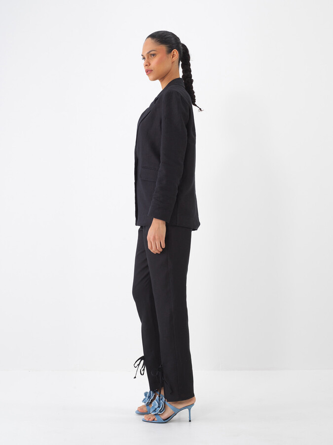 Siyah %100 Keten Regular Fit Pantolon - 6