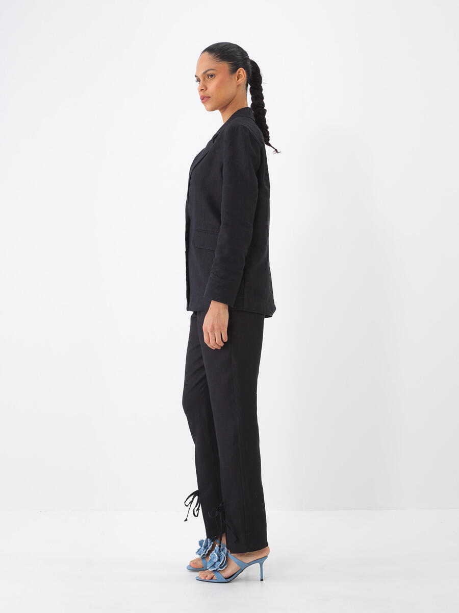 Siyah %100 Keten Regular Fit Pantolon - 6
