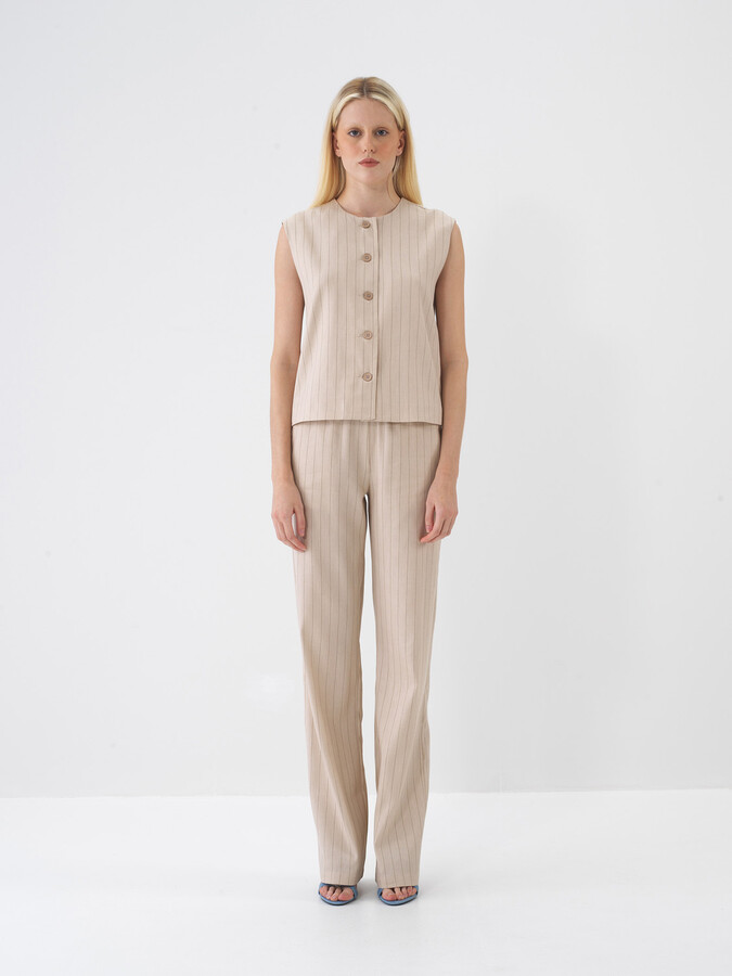 Taş Rengi Keten Karışımlı Oversize Pantolon (1)