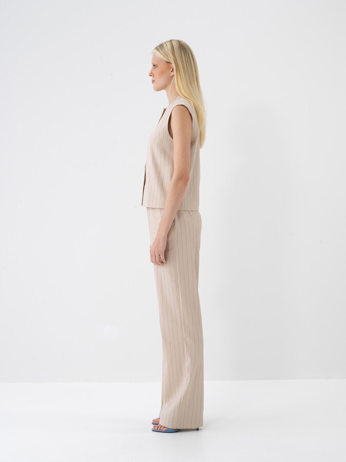Taş Rengi Keten Karışımlı Oversize Pantolon - 4