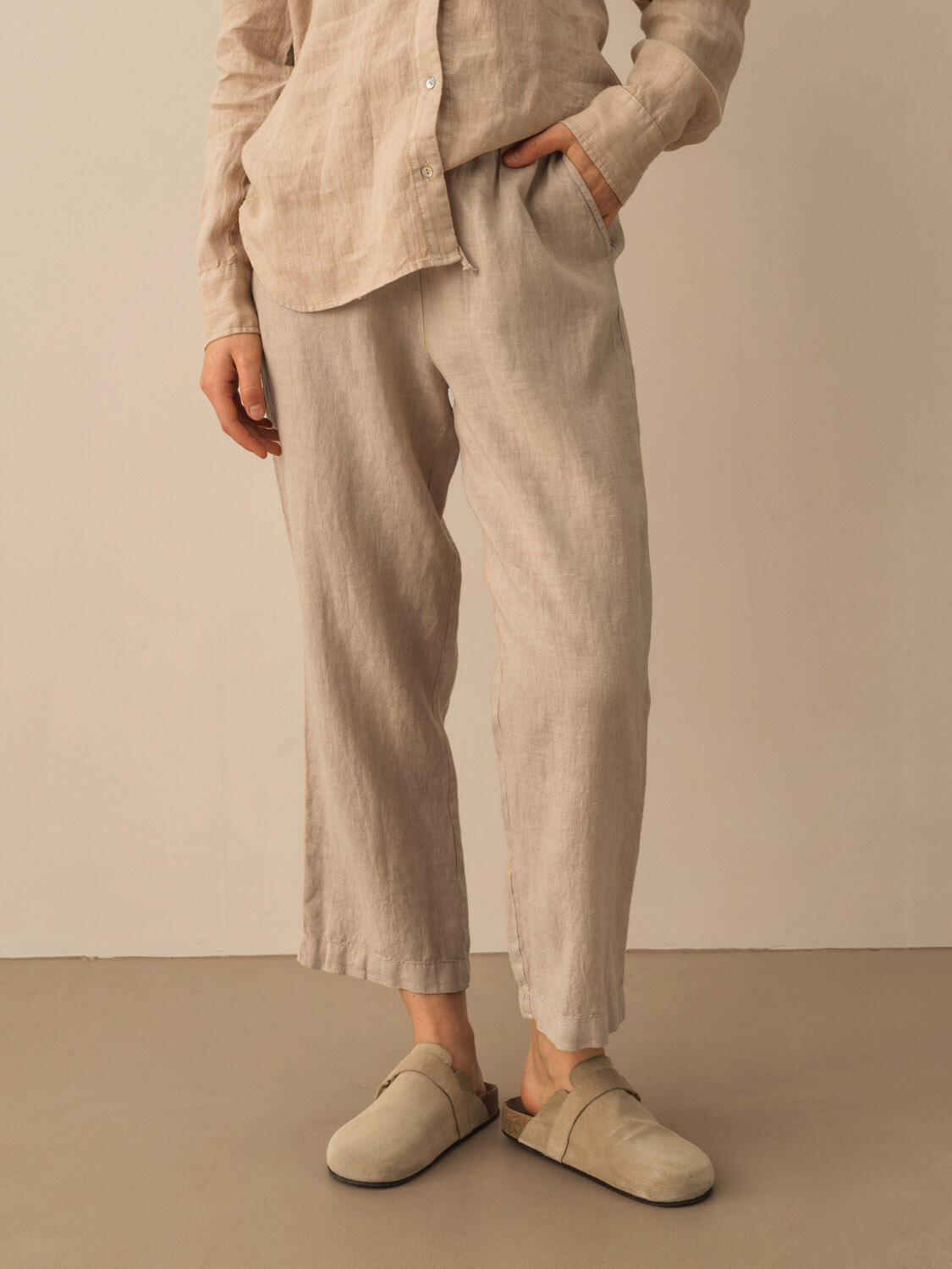 Taş Rengi %100 Keten Regular Fit Pantolon