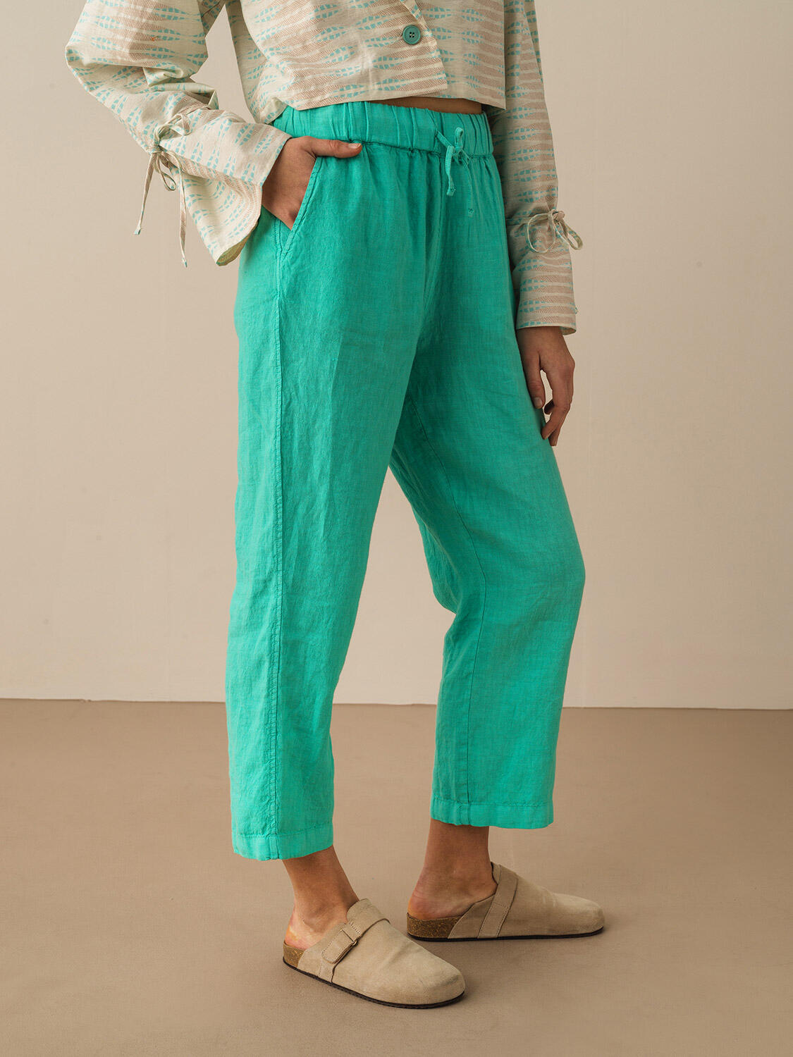 Turkuaz %100 Keten Regular Fit Pantolon