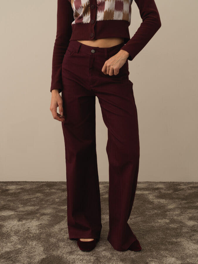 Xint Toptan Bordo Pamuk Dokulu Oversize Pantolon