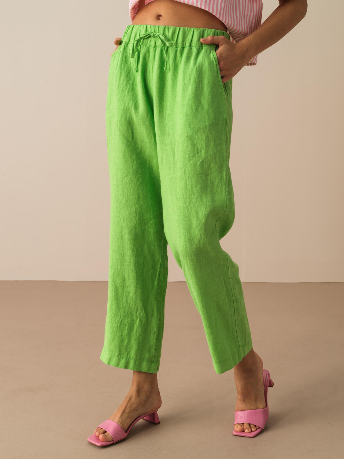 Yeşil %100 Keten Regular Fit Pantolon