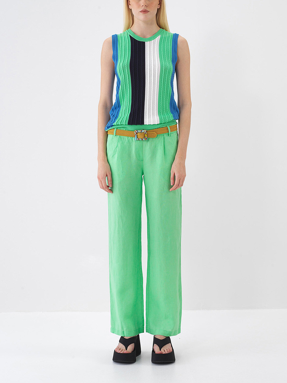 Yeşil %100 Keten Regular Fit Pantolon