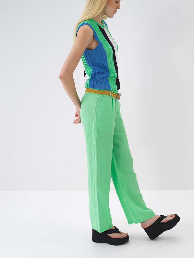 Yeşil %100 Keten Regular Fit Pantolon - 3